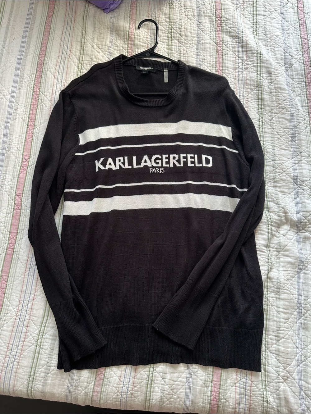 Karl Lagerfeld Black & White Striped Logo Crewneck Sweater
